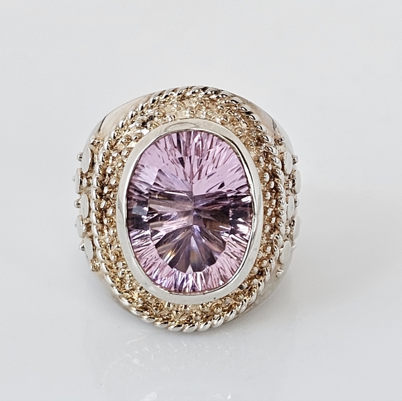 Vintage Jewelry - Genuine 9.32 Carat Pink Tourmaline Ring Two Toned Band Sterling Silver Sz 7.5